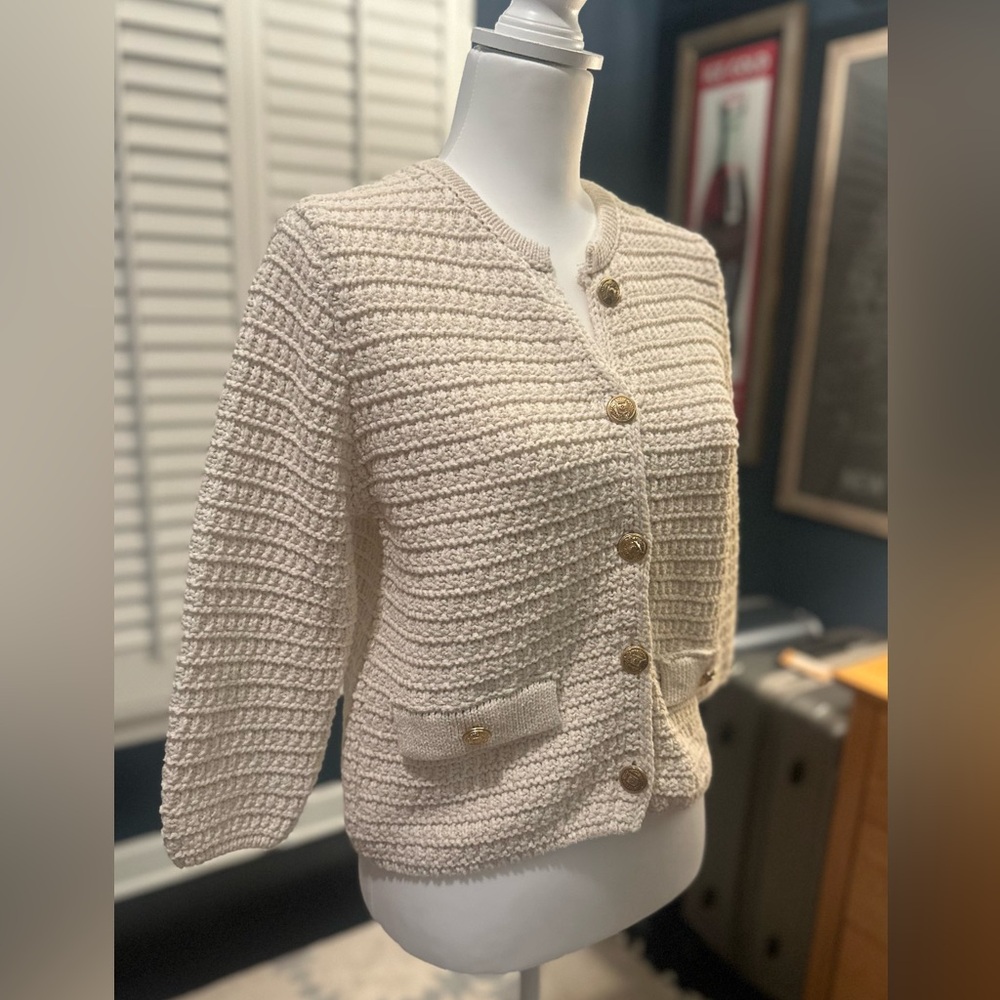 ZARA! NWT! Gorgeous Cream Chunky Knit 3/4 Slv Cardigan Gold Buttons SZ M $30 OBO